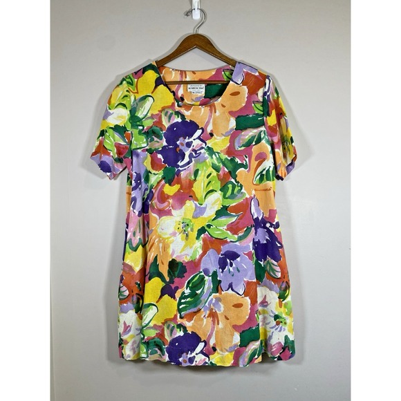 Brownstone Studio NY Dress MEDIUM Vtg‎ Colorful Floral Linen Blend Shift Pockets - Picture 1 of 5